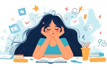 Female student looks stressed and overwhelmed whilst staring at a text book.