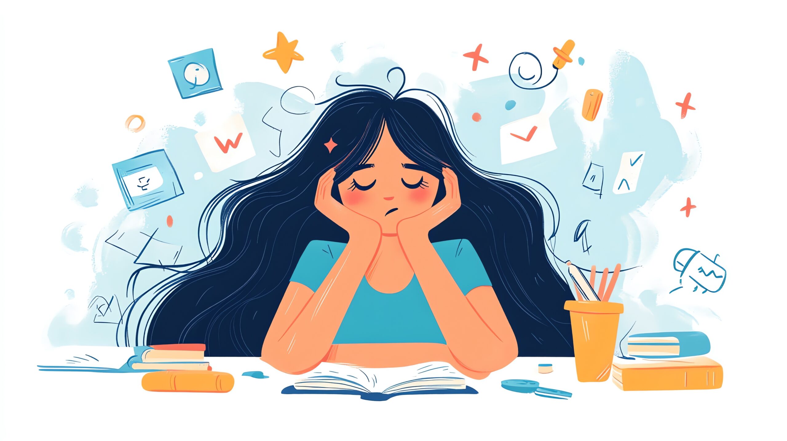 Female student looks stressed and overwhelmed whilst staring at a text book.