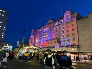 Image of the light projection on The Queens Hotel, Leeds.