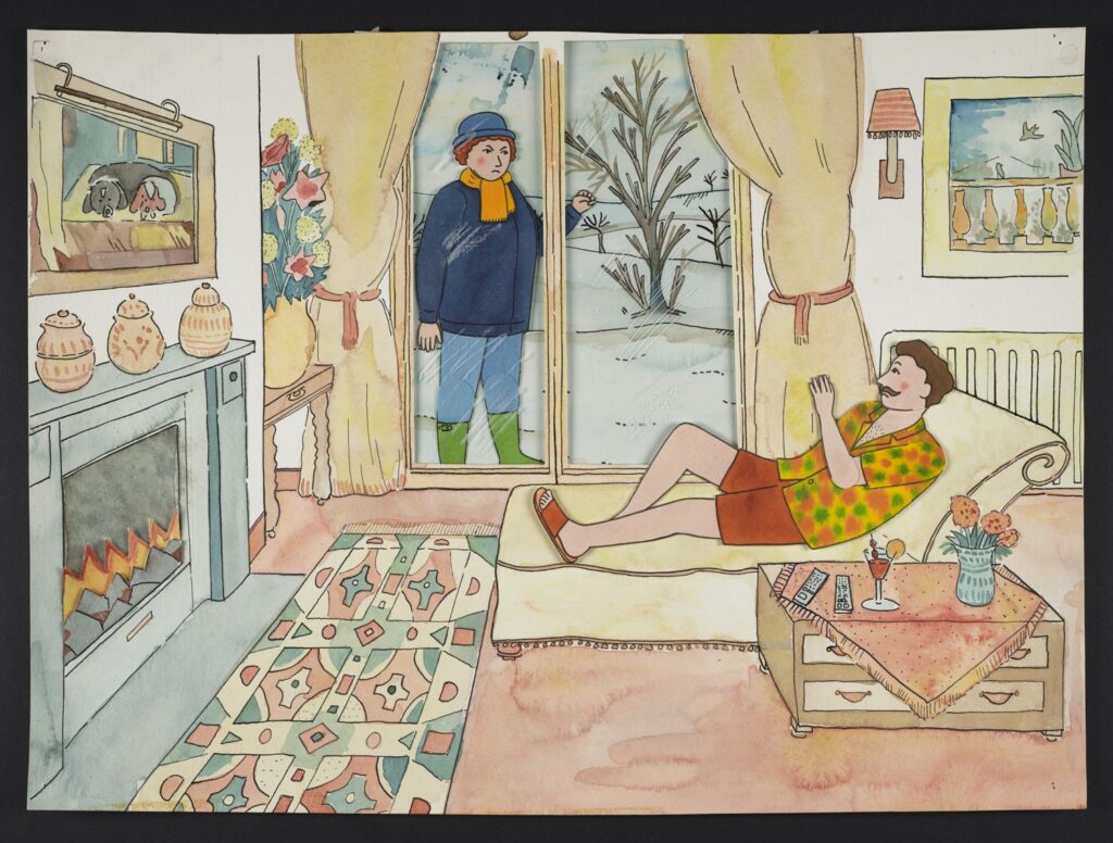 An animation from Waste Watchers (1996) that shows a man and woman at home. The woman is trapped outside in the snow while the man is sat by the fire inside and wearing summer clothes. 